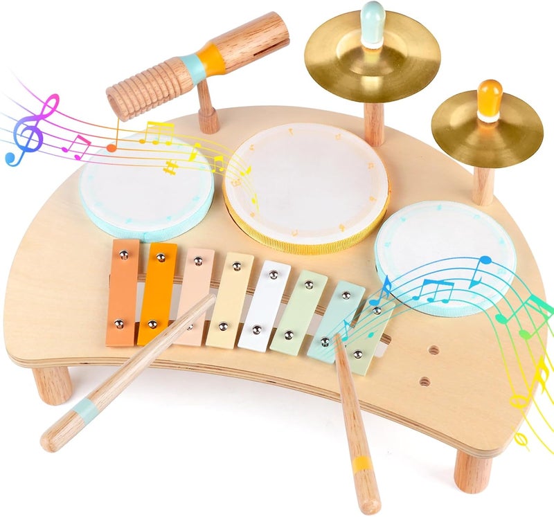 Rmischolar Kids Drum Set, Montessori Musical Instruments for Toddlers 1-3, Wooden Musical Toys for Babies, Preschool Educational Baby Drum Kit with Xylophone, Birthday Gift for Boys Girls - Image 1